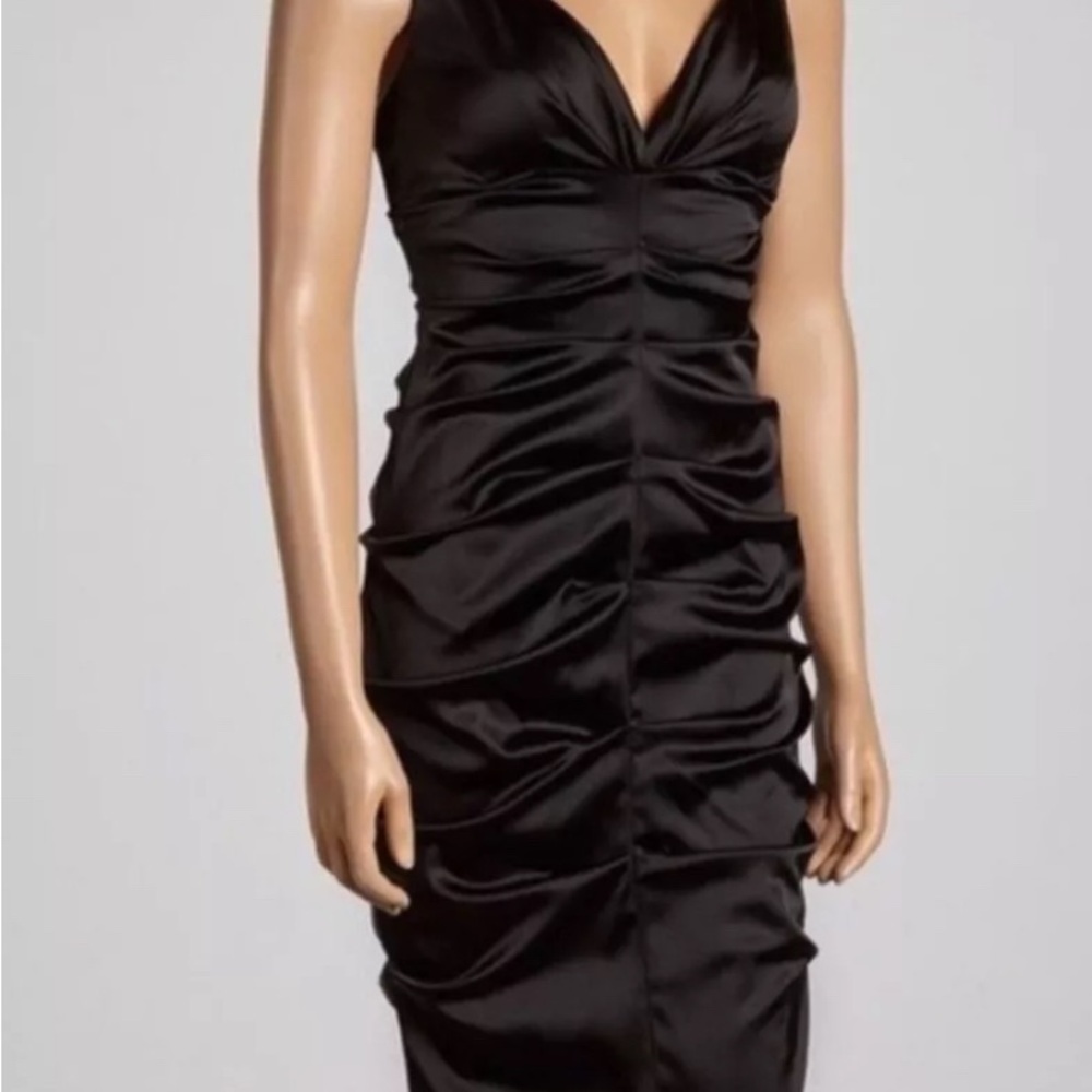 Xscape Black Ruched Sheath Midi Dress with Plunge Neckline for Cocktail